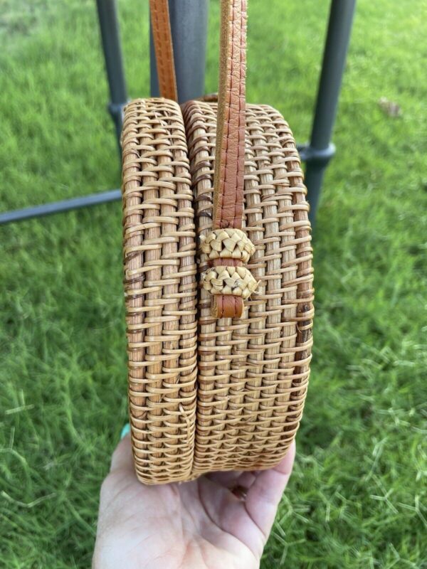 Round Rattan Purse Bag Crossbody Handwoven Straw basket Beachy Boho Summer - Image 5