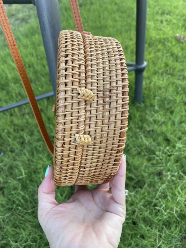 Round Rattan Purse Bag Crossbody Handwoven Straw basket Beachy Boho Summer - Image 6