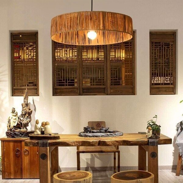 Round Wooden Ceiling Light Handwoven Bamboo Rattan Modern Minimal Rustic Ambient