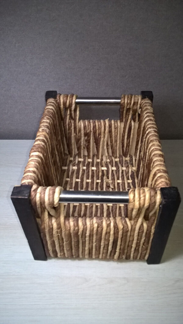 Rustic 10" Rectangular Woven Basket Jute? Fibers W/ Wood Corners & Metal Handles - Image 2