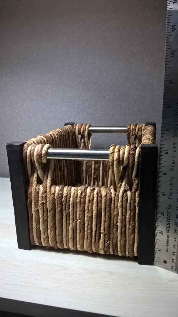 Rustic 10" Rectangular Woven Basket Jute? Fibers W/ Wood Corners & Metal Handles - Image 3