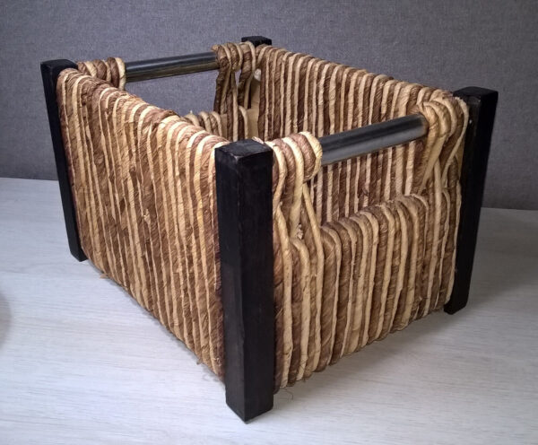 Rustic 10" Rectangular Woven Basket Jute? Fibers W/ Wood Corners & Metal Handles