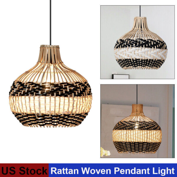 Rustic Vintage Hanging Ceiling Lamp Bamboo Rattan Wicker Pendant Light Fixture - Image 2