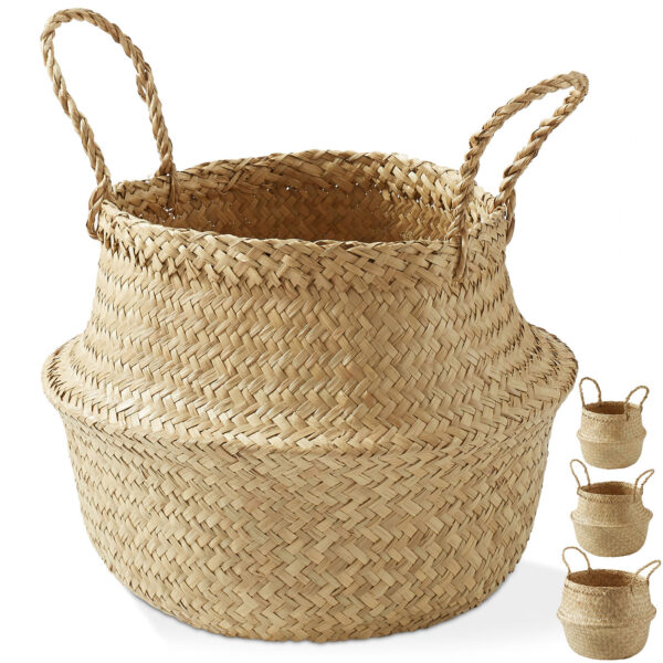 Seagrass Belly Basket Planters, Boho Woven Storage Bins Plant Pot Covers