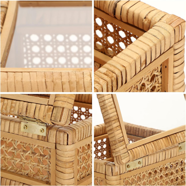 Set of 2 Boho Rectangular Rattan Decorative Boxes with Glass Lids Woven Cane and - Image 2