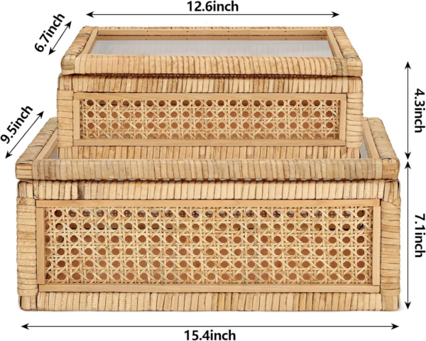 Set of 2 Boho Rectangular Rattan Decorative Boxes with Glass Lids Woven Cane and - Image 3