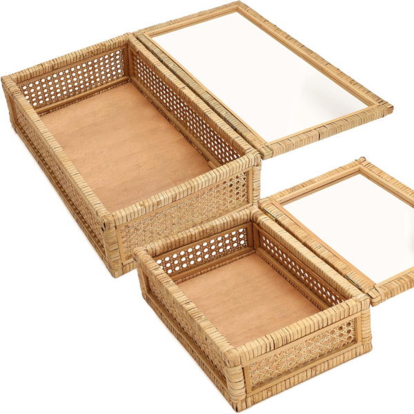 Set of 2 Boho Rectangular Rattan Decorative Boxes with Glass Lids Woven Cane and - Image 4