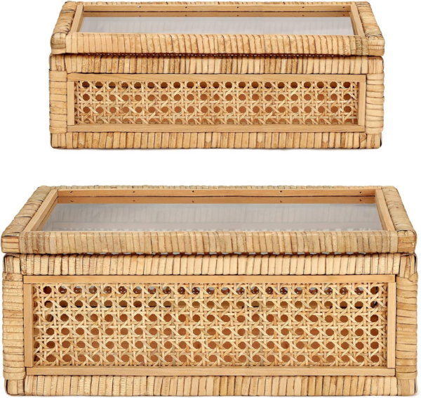 Set of 2 Boho Rectangular Rattan Decorative Boxes with Glass Lids Woven Cane and