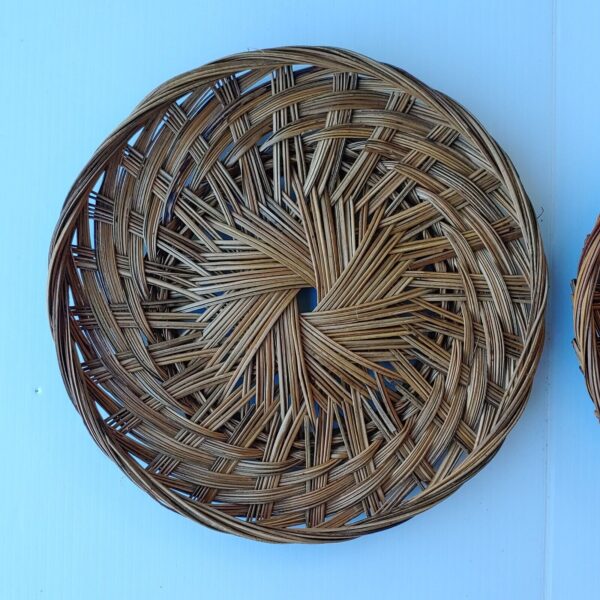 Set Of 2 Boho Round Wicker Rattan Woven Flat Basket Hanging Wall Decor 10" Vtg - Image 2