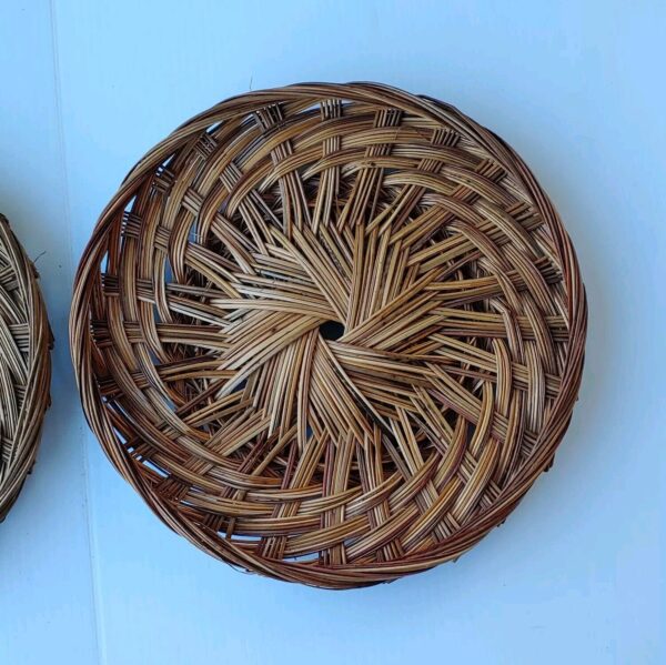 Set Of 2 Boho Round Wicker Rattan Woven Flat Basket Hanging Wall Decor 10" Vtg - Image 3