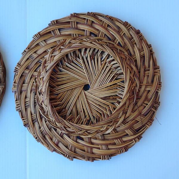 Set Of 2 Boho Round Wicker Rattan Woven Flat Basket Hanging Wall Decor 10" Vtg - Image 5