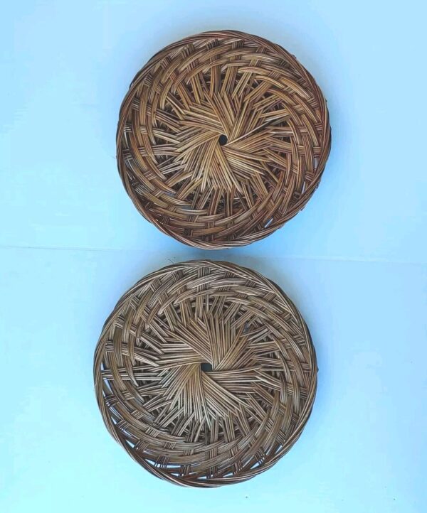 Set Of 2 Boho Round Wicker Rattan Woven Flat Basket Hanging Wall Decor 10" Vtg