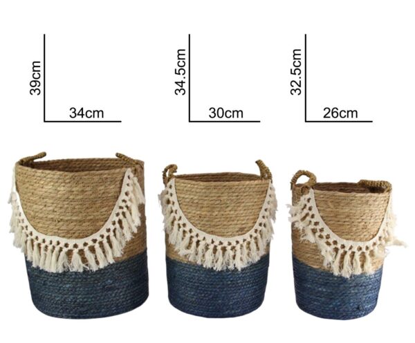 Set Of 3 Rattan Seagrass Storage Baskets Woven Boho Blue Bottom Buy One or All 3 - Image 2