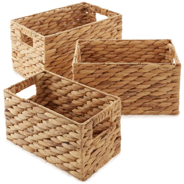 Set of 3 Storage Baskets w Handles, Woven Hyacinth Wicker Nesting Bin Organizers - Image 2