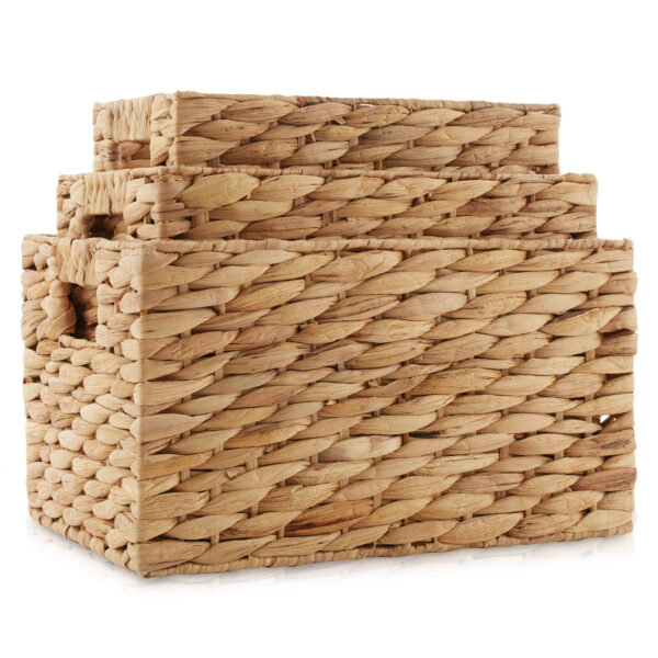 Set of 3 Storage Baskets w Handles, Woven Hyacinth Wicker Nesting Bin Organizers - Image 3