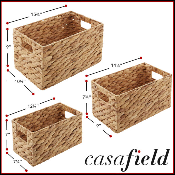 Set of 3 Storage Baskets w Handles, Woven Hyacinth Wicker Nesting Bin Organizers - Image 6