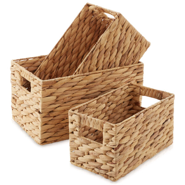 Set of 3 Storage Baskets w Handles, Woven Hyacinth Wicker Nesting Bin Organizers