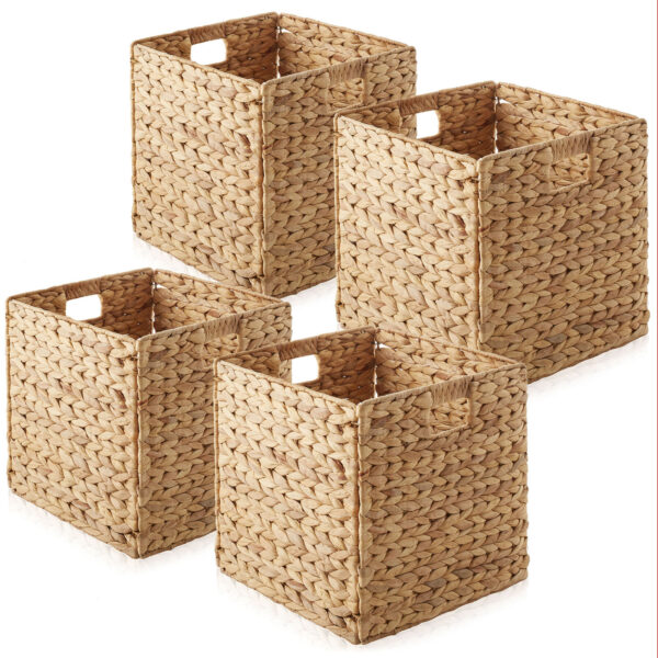 Set of 4 Hyacinth Storage Cubes, 12x12 Wicker Basket Bins for Shelves, Natural