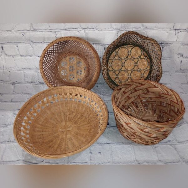 Set Of 4 Vintage Woven Round Baskets Boho Handmade