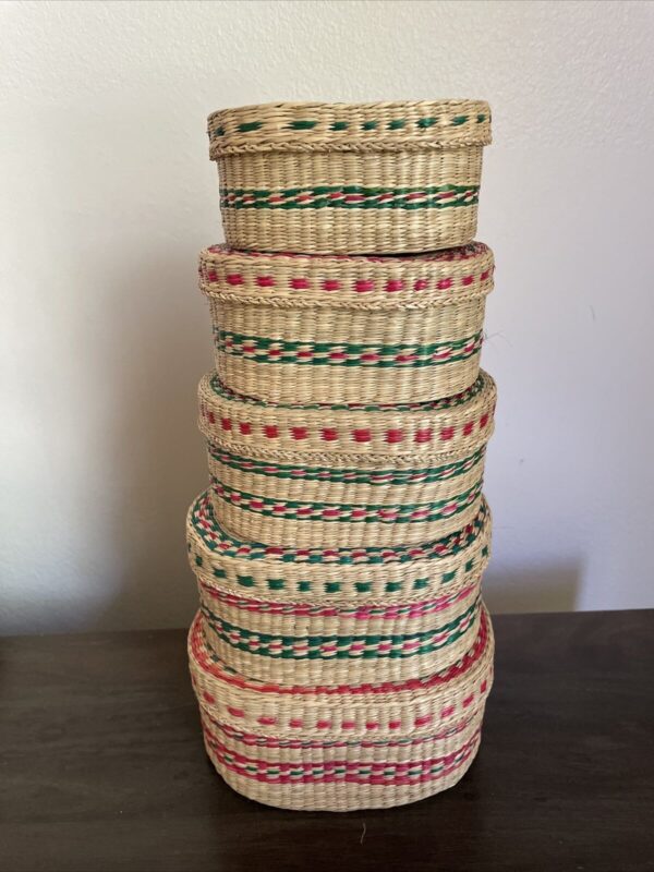 Set Of 5 Woven Ratan Wicker Oval Nesting Stacking Baskets With Lids Boho - Image 2