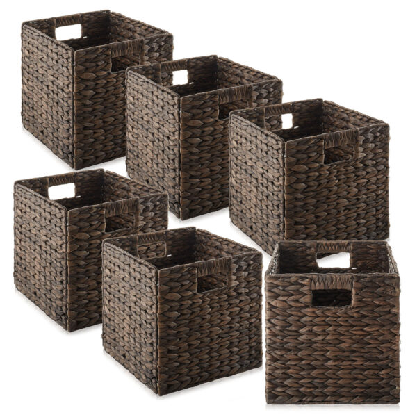 Set of 6 Hyacinth Storage Cubes, 10.5" Wicker Basket Bins for Shelves, Espresso