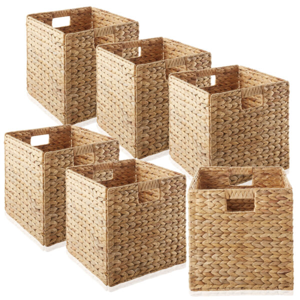 Set of 6 Hyacinth Storage Cubes, 12x12 Wicker Basket Bins for Shelves, Natural