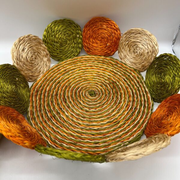 Set of round woven green orange white raffia nesting baskets boho 70s decor - Image 6