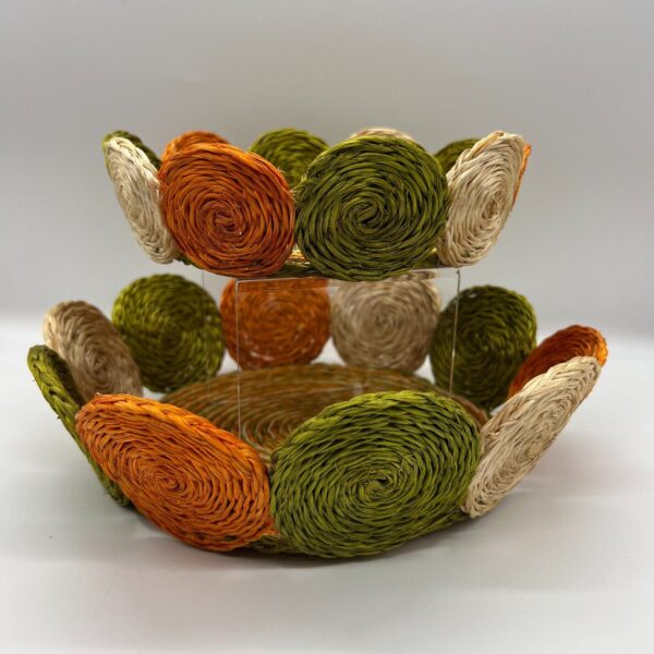 Set of round woven green orange white raffia nesting baskets boho 70s decor