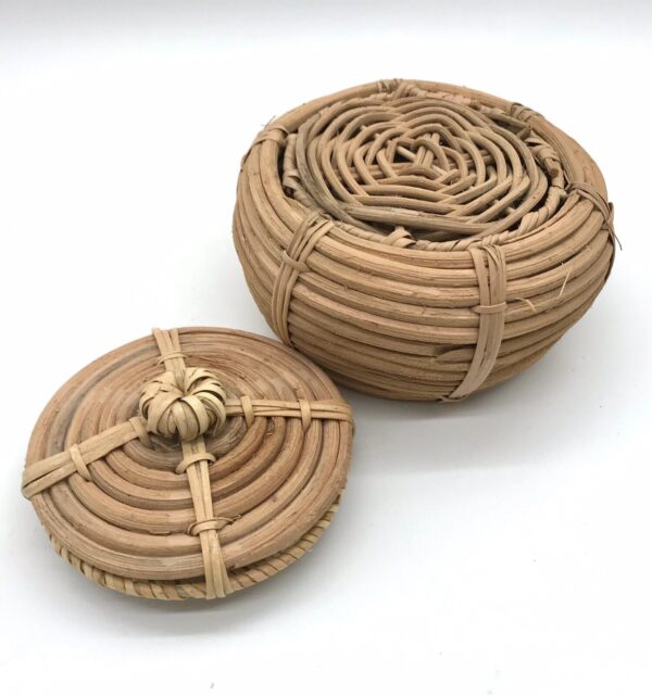 Small Basket Handwoven Lidded Rattan Southwest Style Boho Wire Reinforced - Image 5