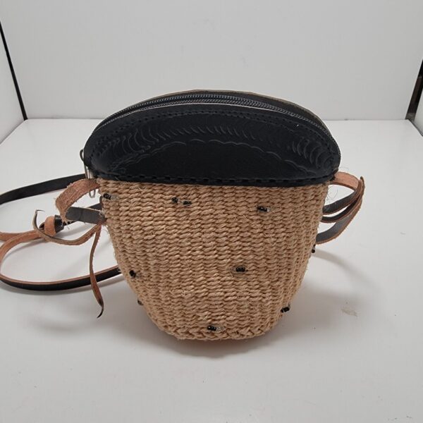 Small Crossbody Jute & Leather Bag Wicker Basket Purse w/ Beads 6” Boho Sisal - Image 2