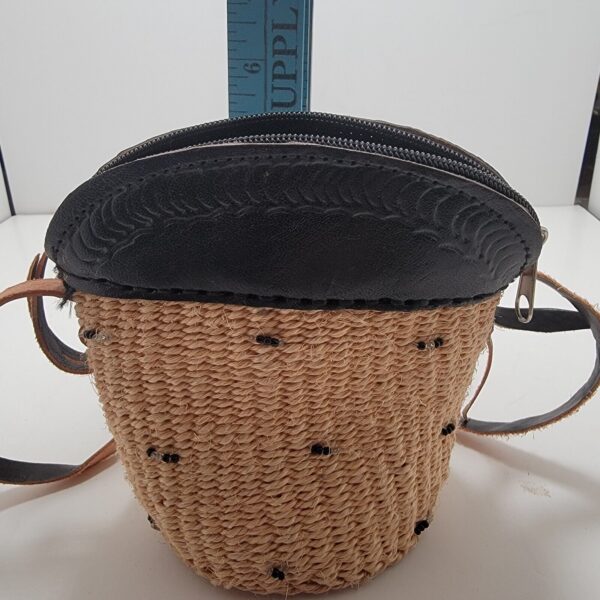 Small Crossbody Jute & Leather Bag Wicker Basket Purse w/ Beads 6” Boho Sisal - Image 4