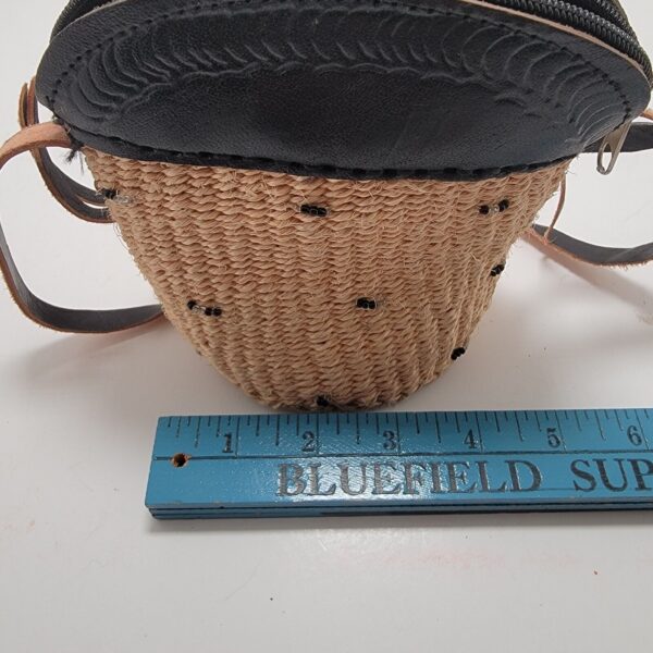 Small Crossbody Jute & Leather Bag Wicker Basket Purse w/ Beads 6” Boho Sisal - Image 5