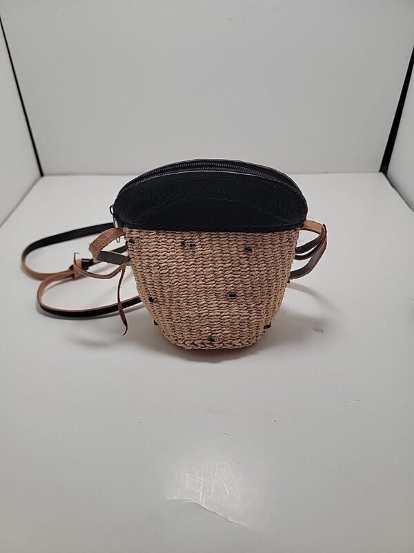 Small Crossbody Jute & Leather Bag Wicker Basket Purse w/ Beads 6” Boho Sisal