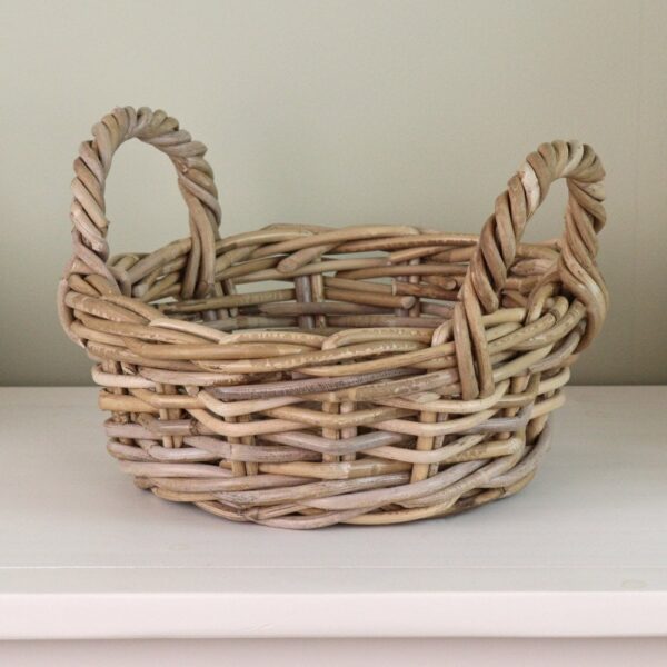 Small Grey & Buff Rattan Round Wicker Storage Basket With Handles