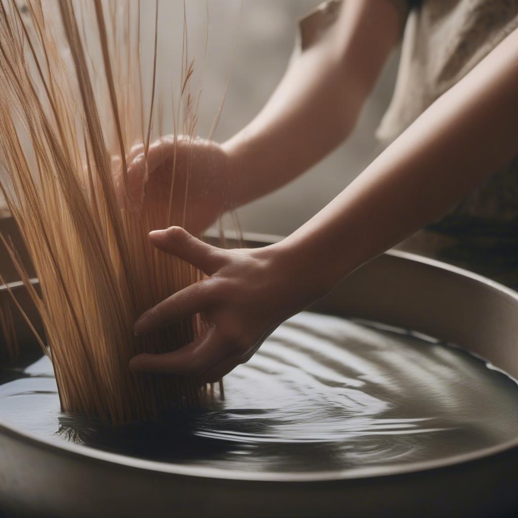 Soaking natural fibers in preparation for basket weaving.