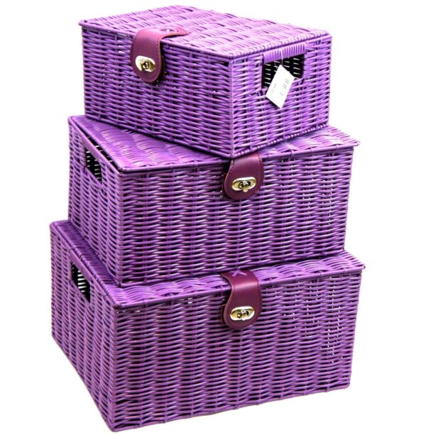 Storage Basket Purple Resin Woven Hamper Box With Lid & Lock In 3 Size