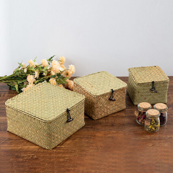 Storage Basket With Lid Woven Rattan Sundries Storage Box Wicker Basket Handmade - Image 2