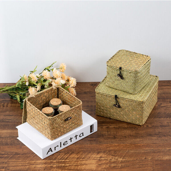 Storage Basket With Lid Woven Rattan Sundries Storage Box Wicker Basket Handmade - Image 5