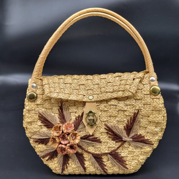 Straw Handbag Mexico Acapulco Vintage Floral Purse Woven Basket Boho Flower Hand - Image 2