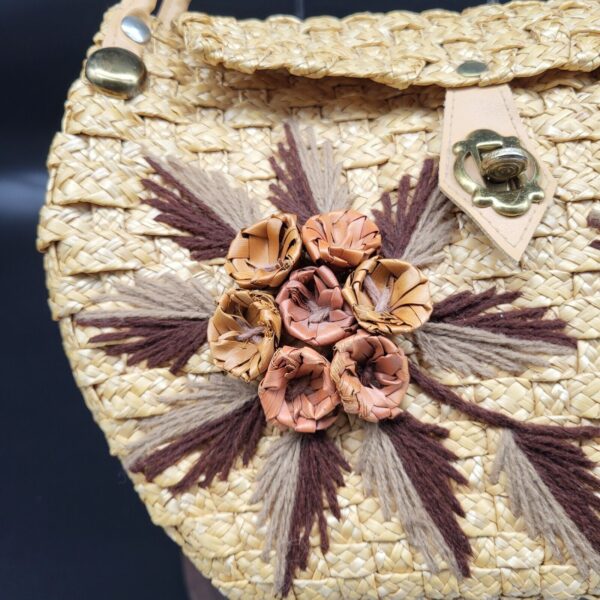 Straw Handbag Mexico Acapulco Vintage Floral Purse Woven Basket Boho Flower Hand - Image 3