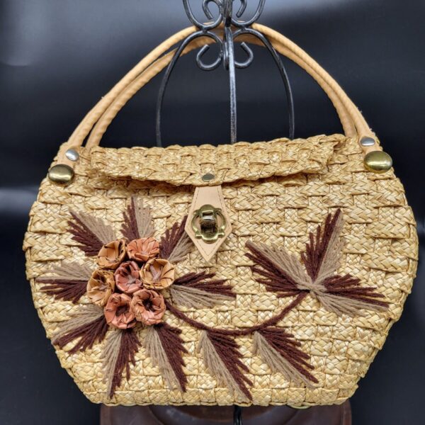 Straw Handbag Mexico Acapulco Vintage Floral Purse Woven Basket Boho Flower Hand