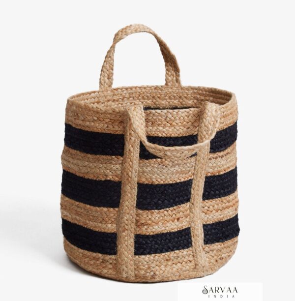 Stripes Jute laundry bag hamper, Woven Jute Basket with Handles,Jute storage bag - Image 2