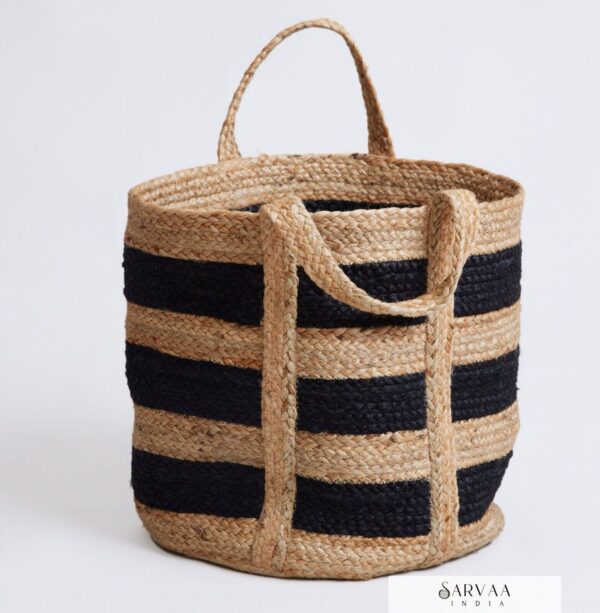 Stripes Jute laundry bag hamper, Woven Jute Basket with Handles,Jute storage bag - Image 3