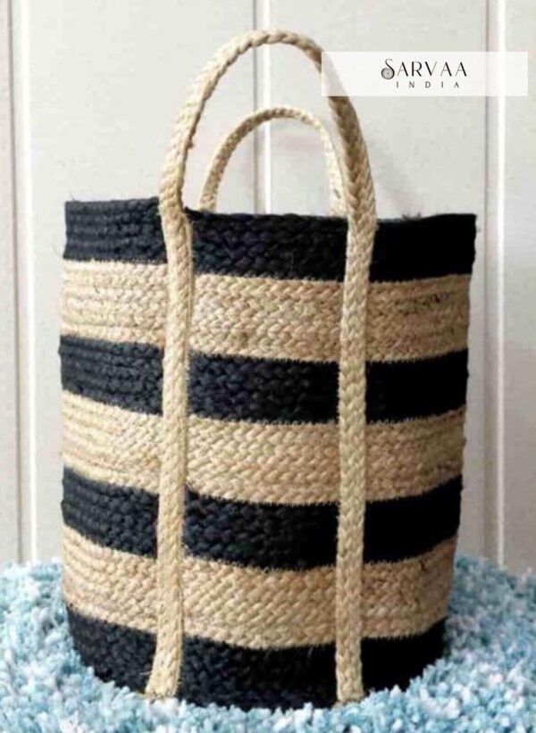 Stripes Jute laundry bag hamper, Woven Jute Basket with Handles,Jute storage bag - Image 4