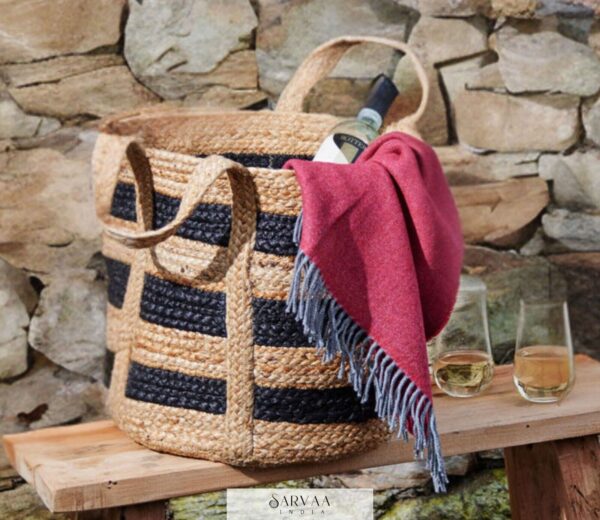 Stripes Jute laundry bag hamper, Woven Jute Basket with Handles,Jute storage bag - Image 6