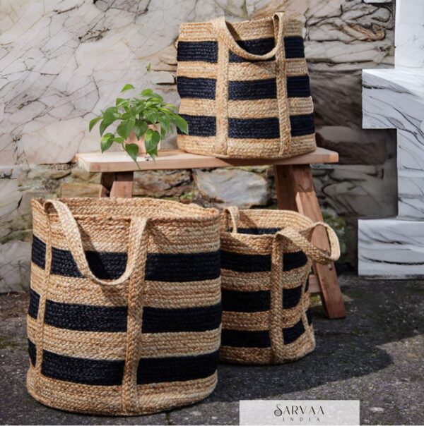 Stripes Jute laundry bag hamper, Woven Jute Basket with Handles,Jute storage bag