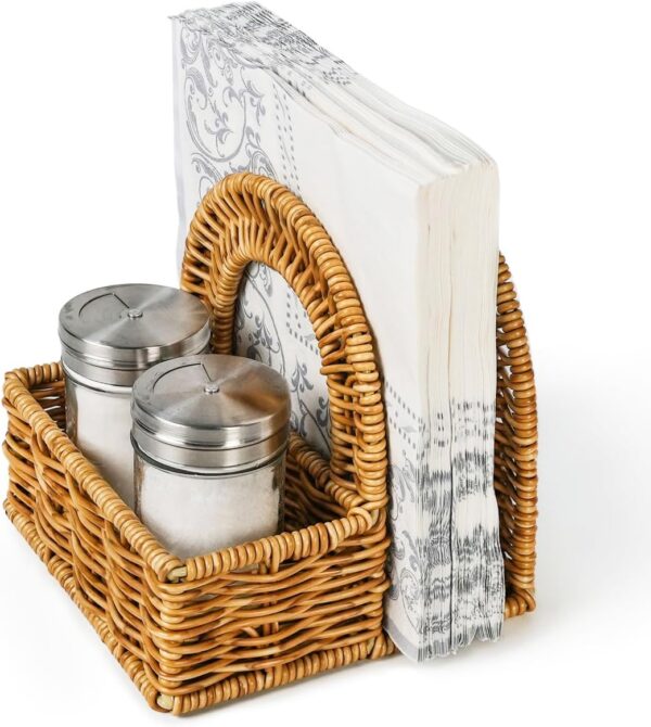 Stylish Rattan Napkin Holder with Salt and Pepper Shakers Holder - Perfect Tabletop Organizer for Kitchen - Ideal for Paper Napkins (Without Salt, Pepper Shakers & Napkins)