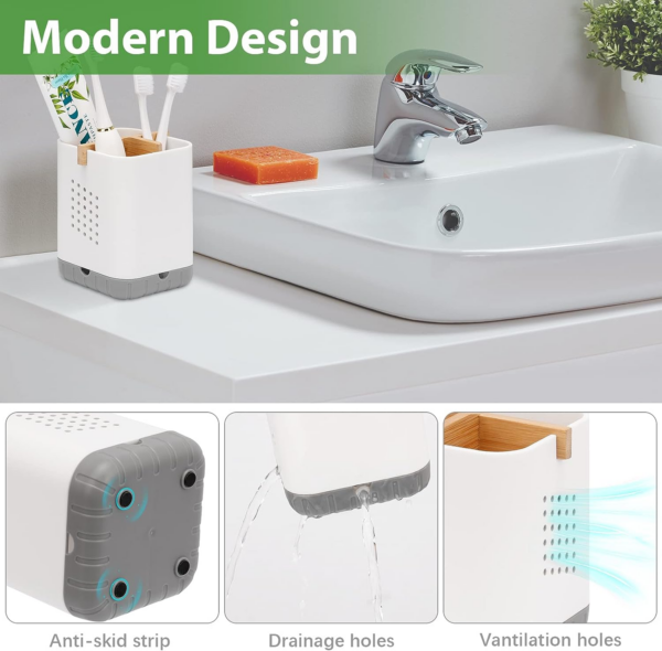 Toothbrush and Toothpaste Holder with Bamboo Divider for Bathroom Countertop Org - Image 4