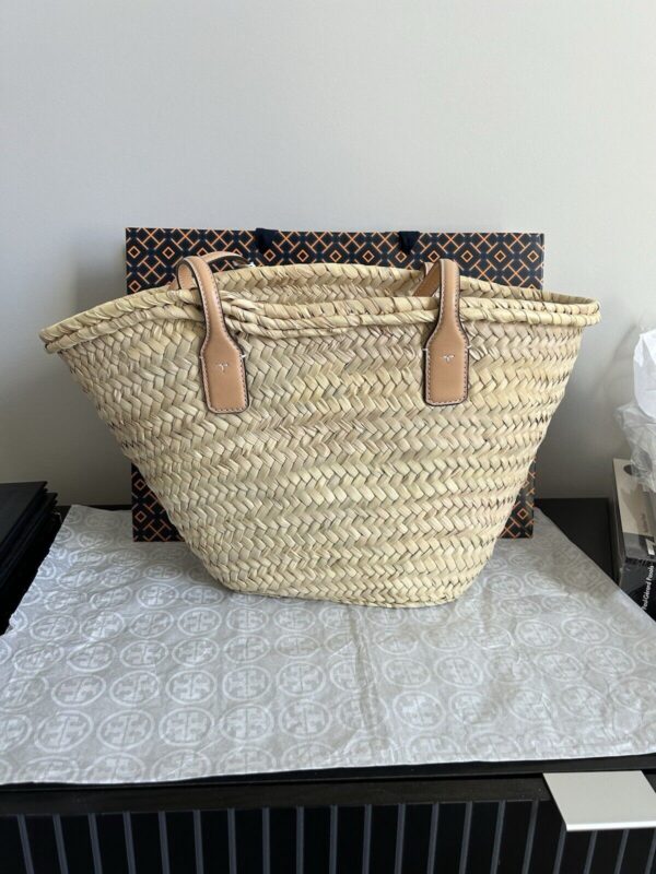 Tory Burch Ella Straw Basket Tote Bag Natural Golden Sunset Woven - Image 3