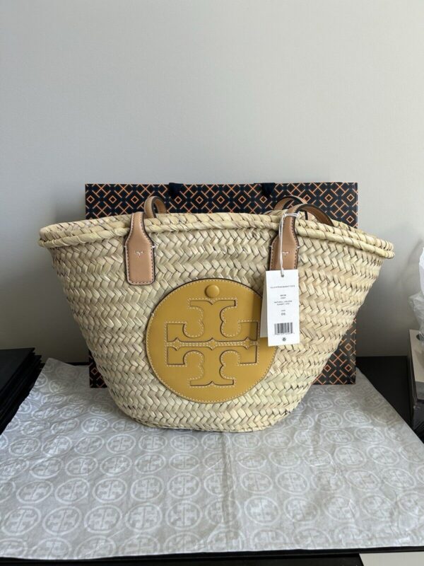 Tory Burch Ella Straw Basket Tote Bag Natural Golden Sunset Woven